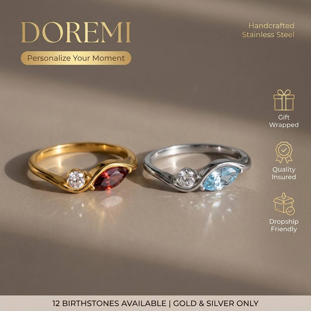 Birthstone Ring Set - DOREMI Su Geçirmez Kararmaya Dayanıklı Paslanmaz