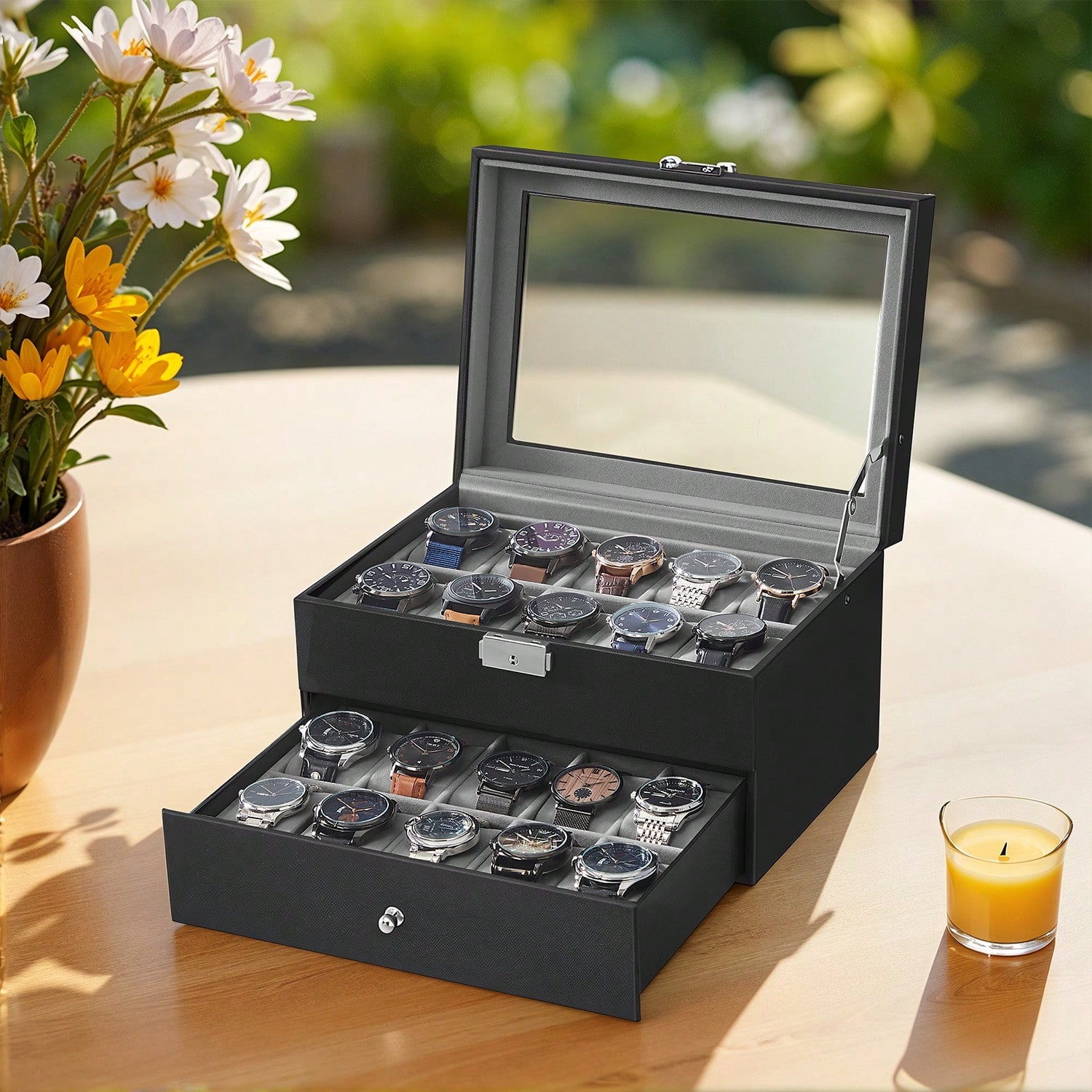 Watch Display Box - 20 Bölmeli Cam Kapaklı ve Kilitli