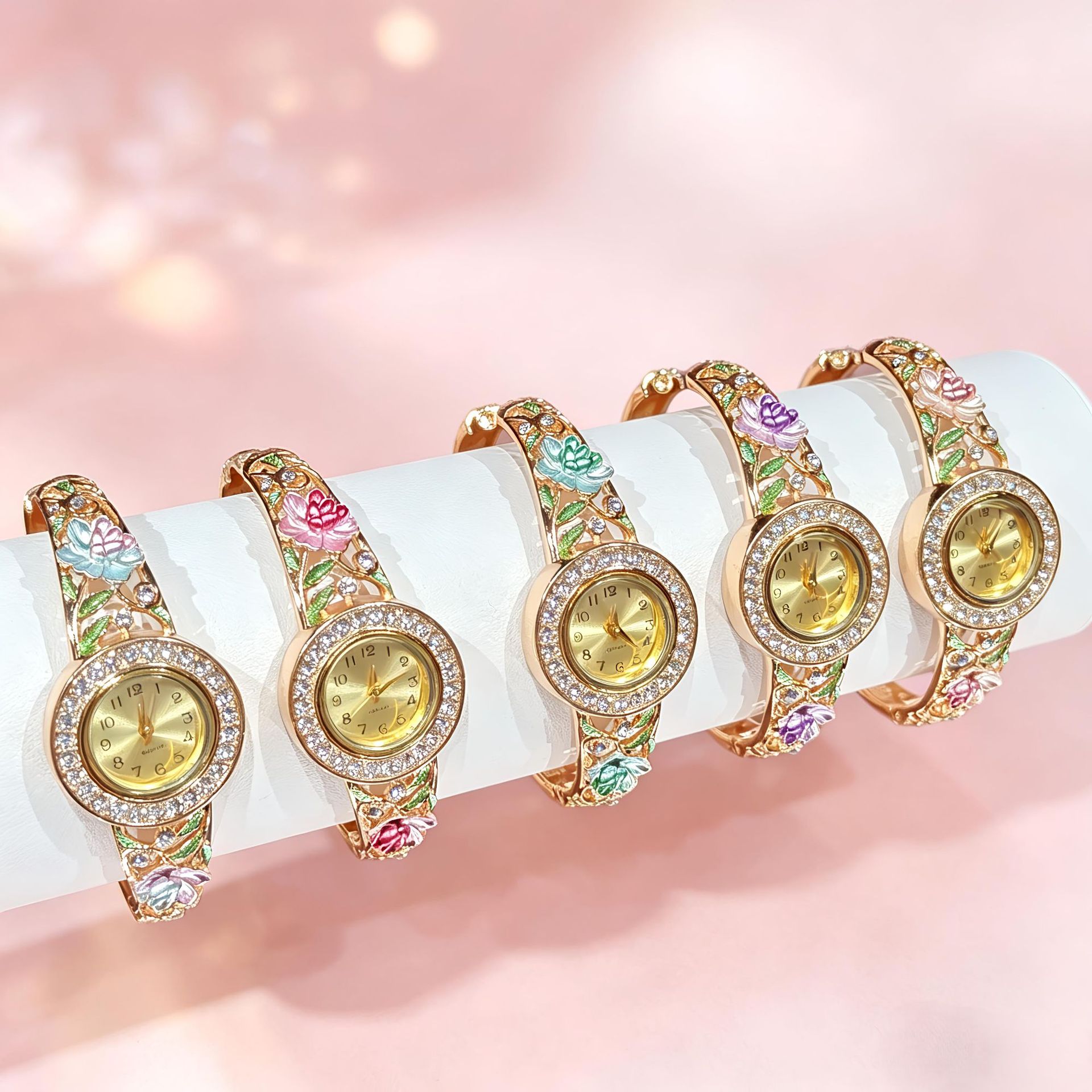 Jewelry Watches For Ladies - Kadınlar için Vintage Altın Emaye Çiçekli
