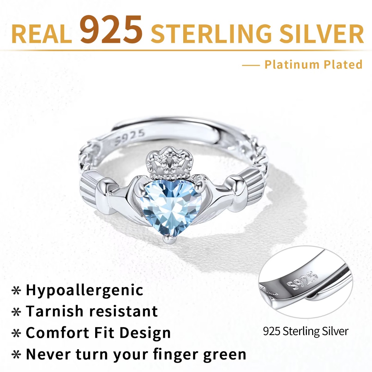 U7 3mm 925 Gümüş Claddagh Yüzü - Birthstone Ring Set incelemesi ve fiyatı